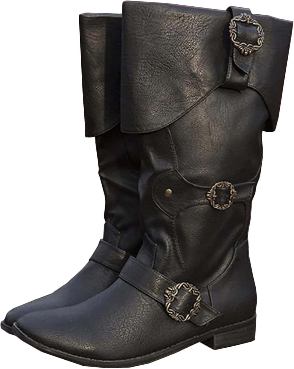 Middeleeuwse Ridderlaarzen voor volwassenen Cosplay - Retro Lange schacht Lederen Manchetschoenen - PU Lederen Laarzen Renaissance Plus Size Laarzen Schoenen met Riemgesp, Zwart, 44