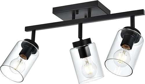 VINLUZ 3 apliques de pared negros de luz para tocador de baño con pantalla de vidrio transparente, lámpara clásica con cabezal de luz giratoria,