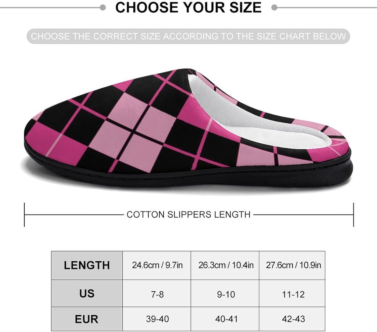 Pinkblack Argyle Women's House Slippers Memory Foam Warm Shoes Spa Rubber Sole Indoor Outdoor
