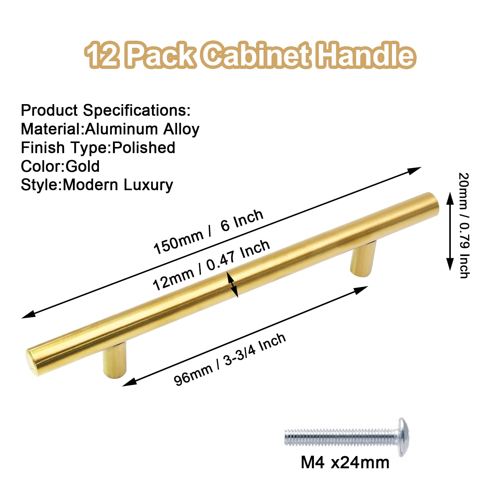 Cjueiom 6 Pack Gold Cupboard Handles 96mm Hole Center T Bar Handles, Stainless Steel Drawer Handles Long Wardrobe Door Handles Pulls, 150mm Length Kitchen Cabinet Handles for Bedroom Drawer - Image 2