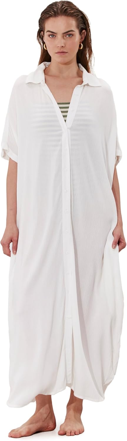 Gottex Beach Life Solena Crêpe Oversized Shirt Dress Cover-Up - Button Closure, Side Slits, Side Pockets, Short Wide Sleeves