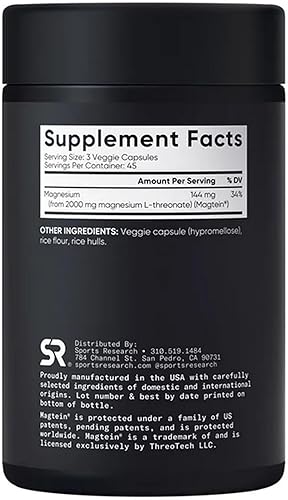 Miniatura 3 de SPORTS RESEARCH Magtein Magnesium L- Threonate Advanced (2000 mg de magnesio L-treonato de 144 mg de magnesio elemental por porción) 135 cápsulas