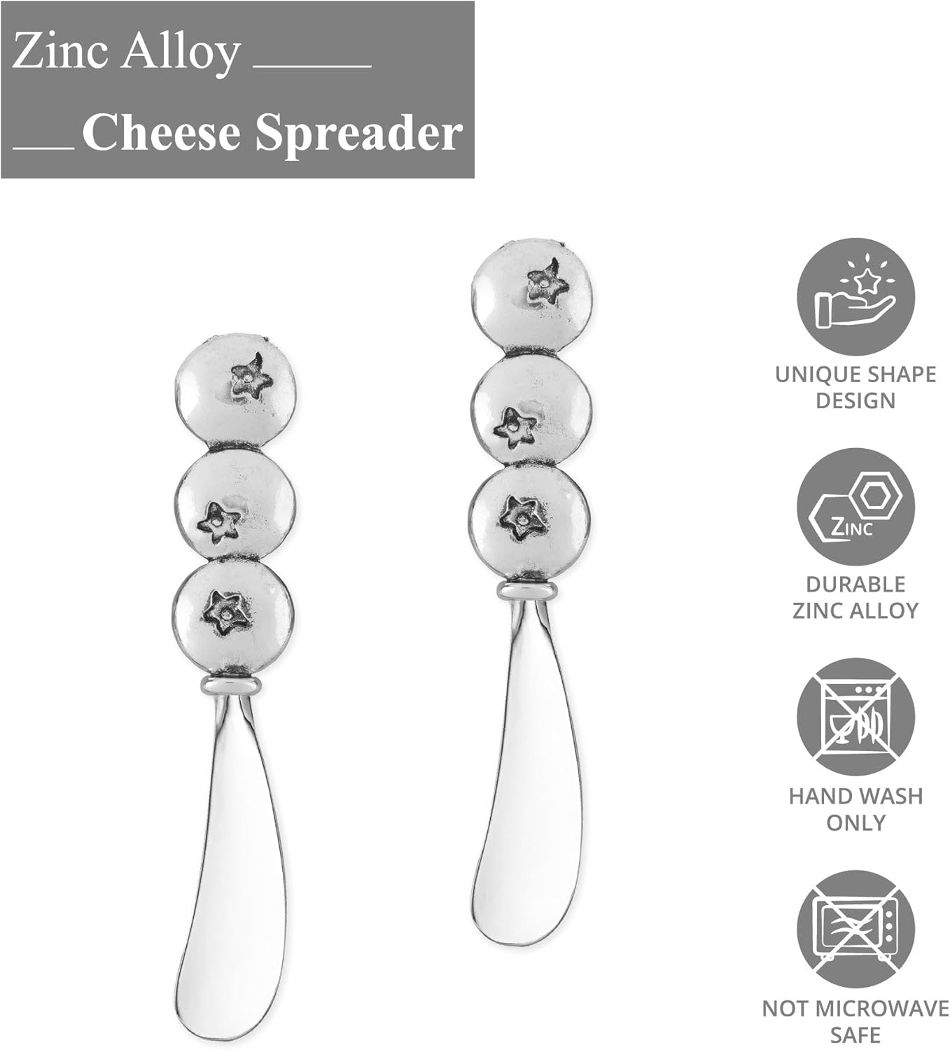 Supreme Housewares Blueberry Cheese Spreader Set, Zinc Alloy Butter Spreaders with Decorative Handles for Cheese, Cream, and Dips, Silver, 5 Inch, Set of 2