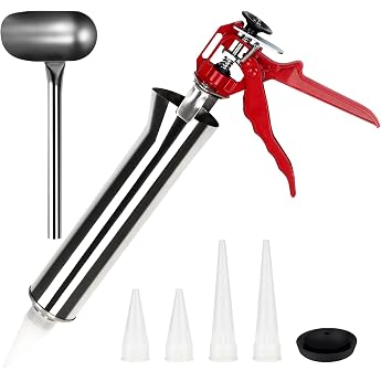 EXLECO Mortar Gun Stainless Steel Grout Gun for Mortar Press Red | Mortar Syringe, Grout Syringe with 4 Nozzles, 1 Replacemen