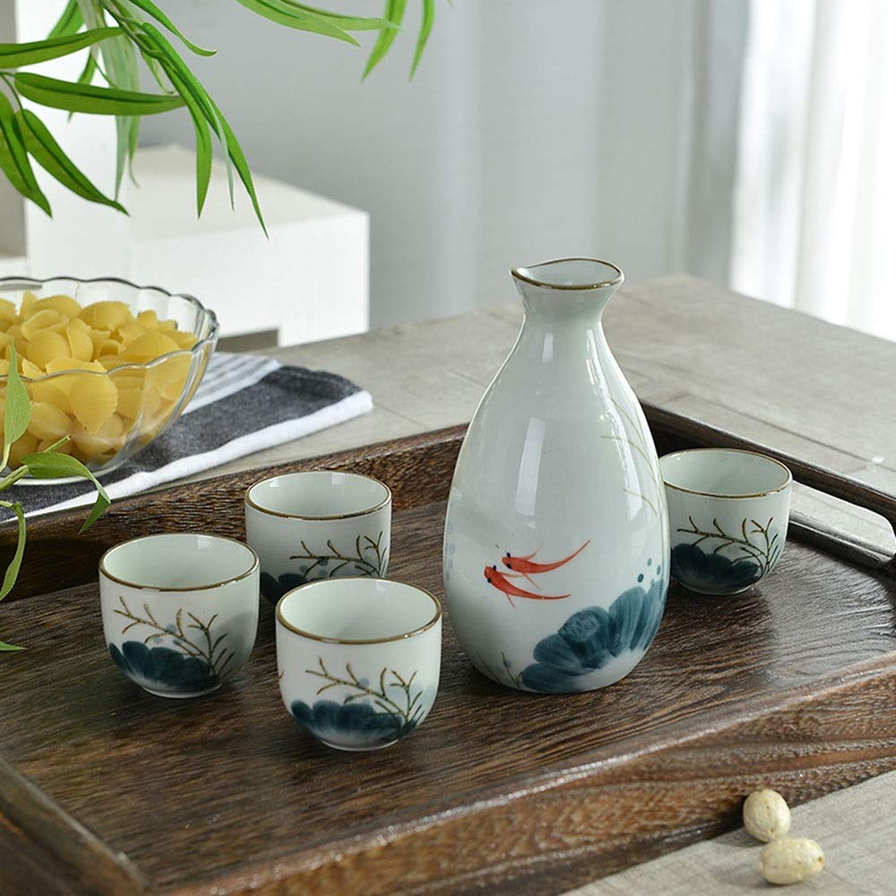 Service à saké Japonais, Tasse en céramique et Verre à vin Artisanal en Porcelaine Peinte à la Main, Lot de 5 (Poisson Rouge)