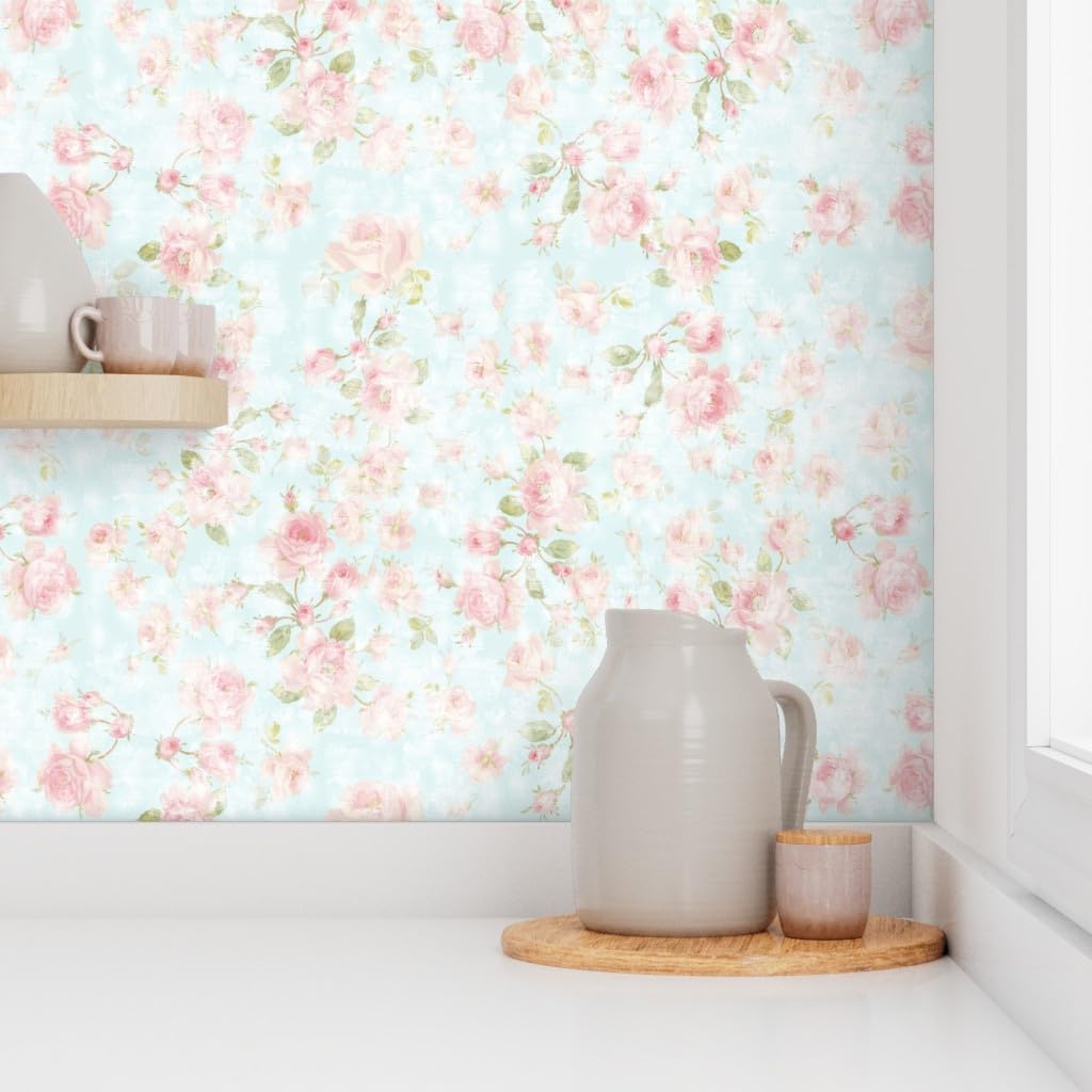 Spoonflower Removable Wallpaper 6ft x 2ft - Romantic Rose Shabby Chic Retro 90S Pink Floral Faded Blue Pastel Chintz Cottagecore Custom Pre-Pasted Wallpaper