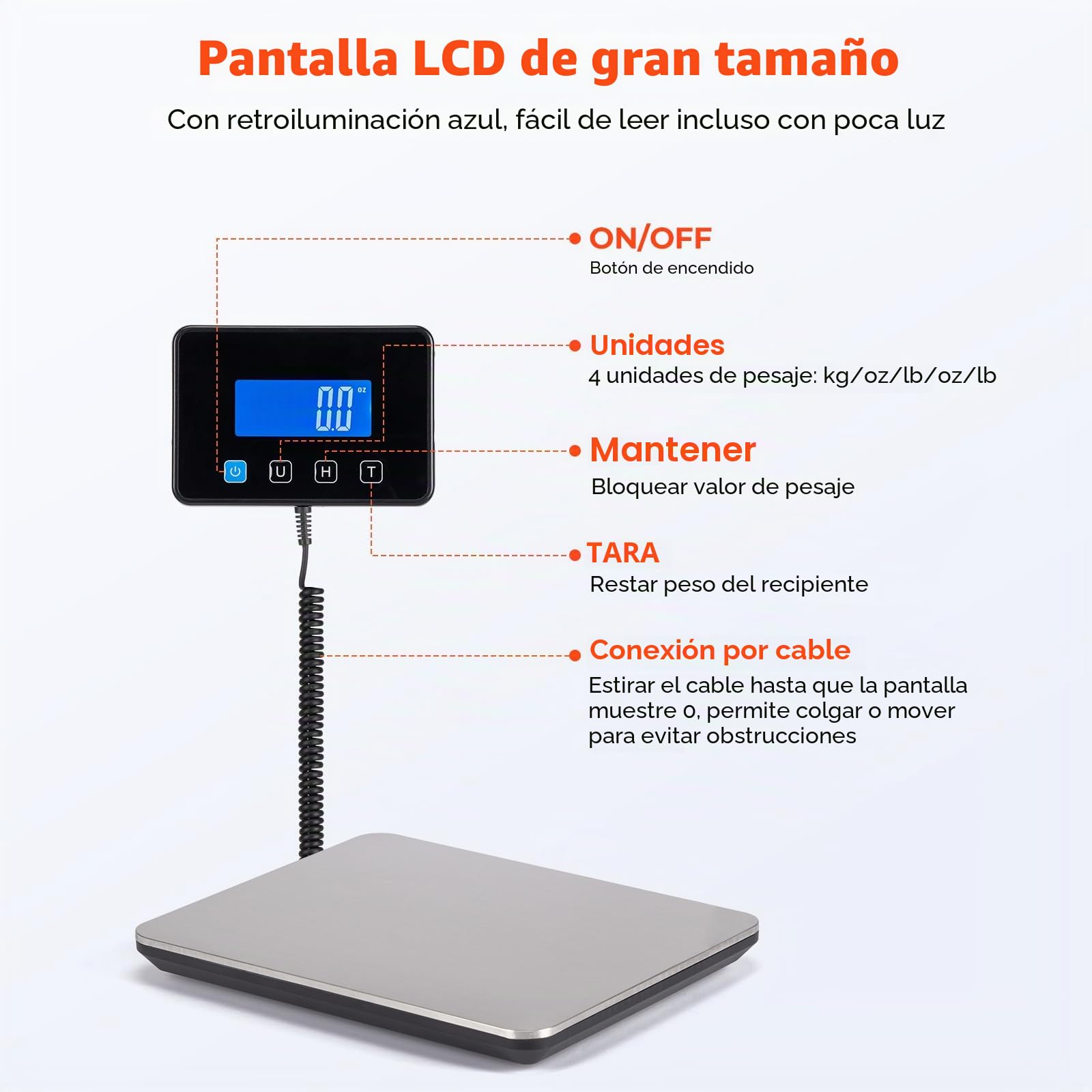 MUNBYN Bascula Industrial, Balanza Postal 200kg/50g, Bascula Maletas Viaje, con Función de Retención/Tara, Pantalla LCD, Acero Inoxidable, para Equipaje y Almacén, Incluye 2 Pilas AAA y Cable Tipo C
