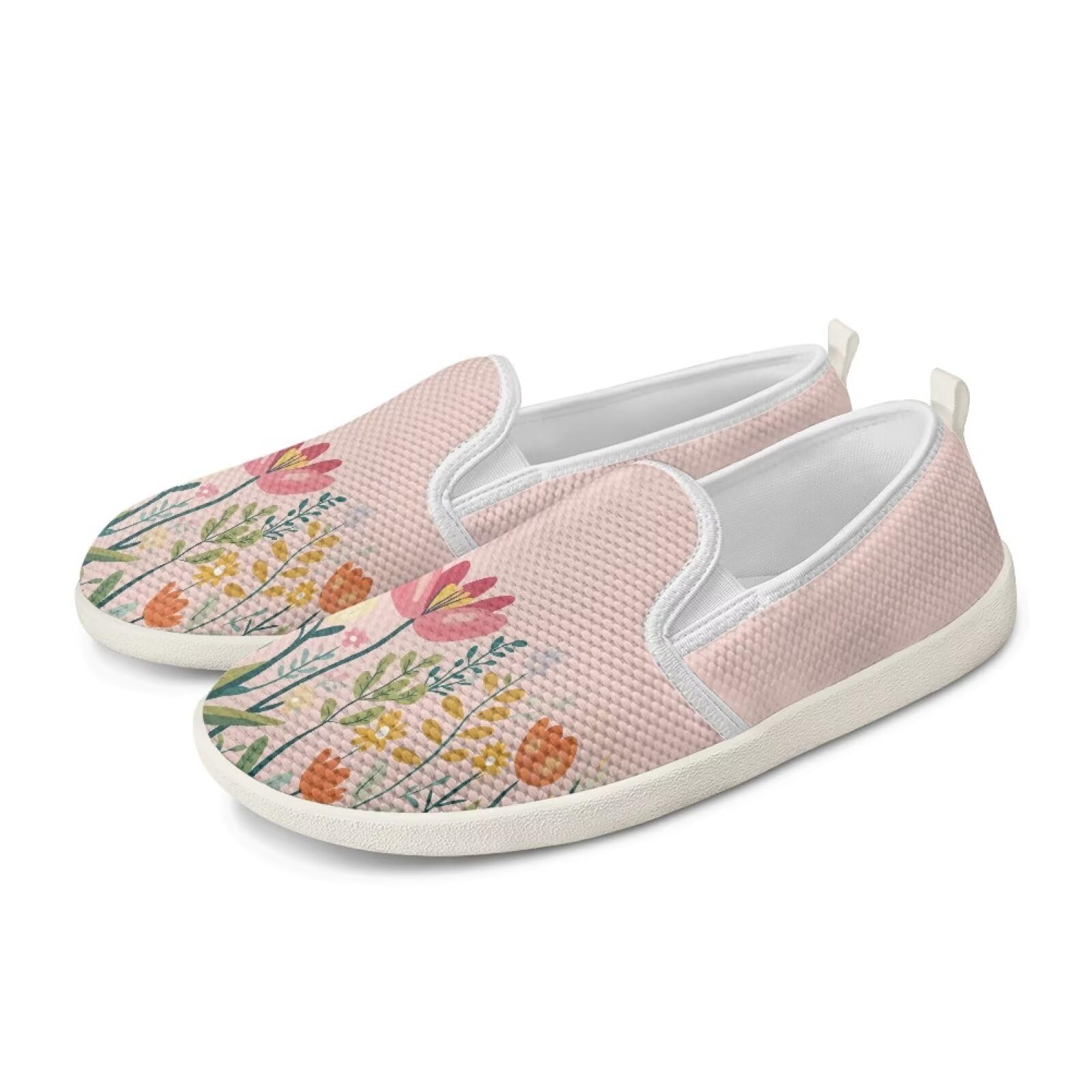 Fuxowvby Women's Floral Prints Barefoot Shoes Workout Walking Trail Sport Tennis Shoes Lightweight Wide Toe Box Zero Drop Sneakers for Ladies Soft Lace-Up Breathable Mesh White US 8.5