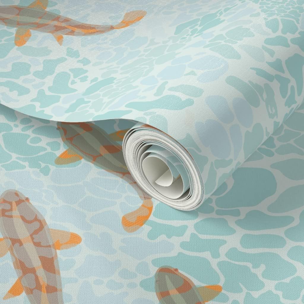 Peel & Stick Wallpaper 3ft x 2ft - Orange Fish Water Sea Ocean Wave Nautical Custom Removable Wallpaper by Spoonflower