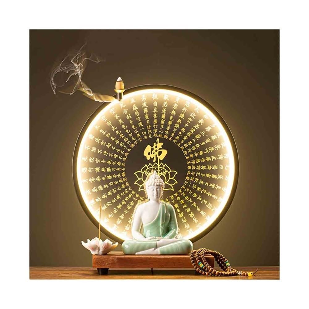 Figuras de Budas Estatua de Buda de cerámica Decorativa for Escritorio, Sala de Estar, Entrada, Oficina, decoración Feng Shui con Anillo de luz Budas Decorativos
