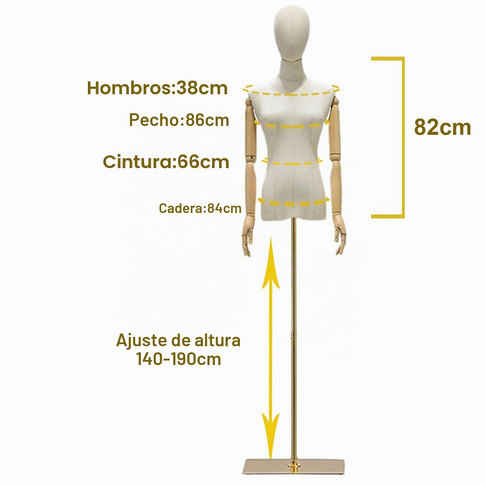Maniquí de torso femenino con forma de vestido, altura ajustable de 55"-80", soporte corporal de maniquí con base de metal para exhibición de ropa, vestidos y joyas, dorado