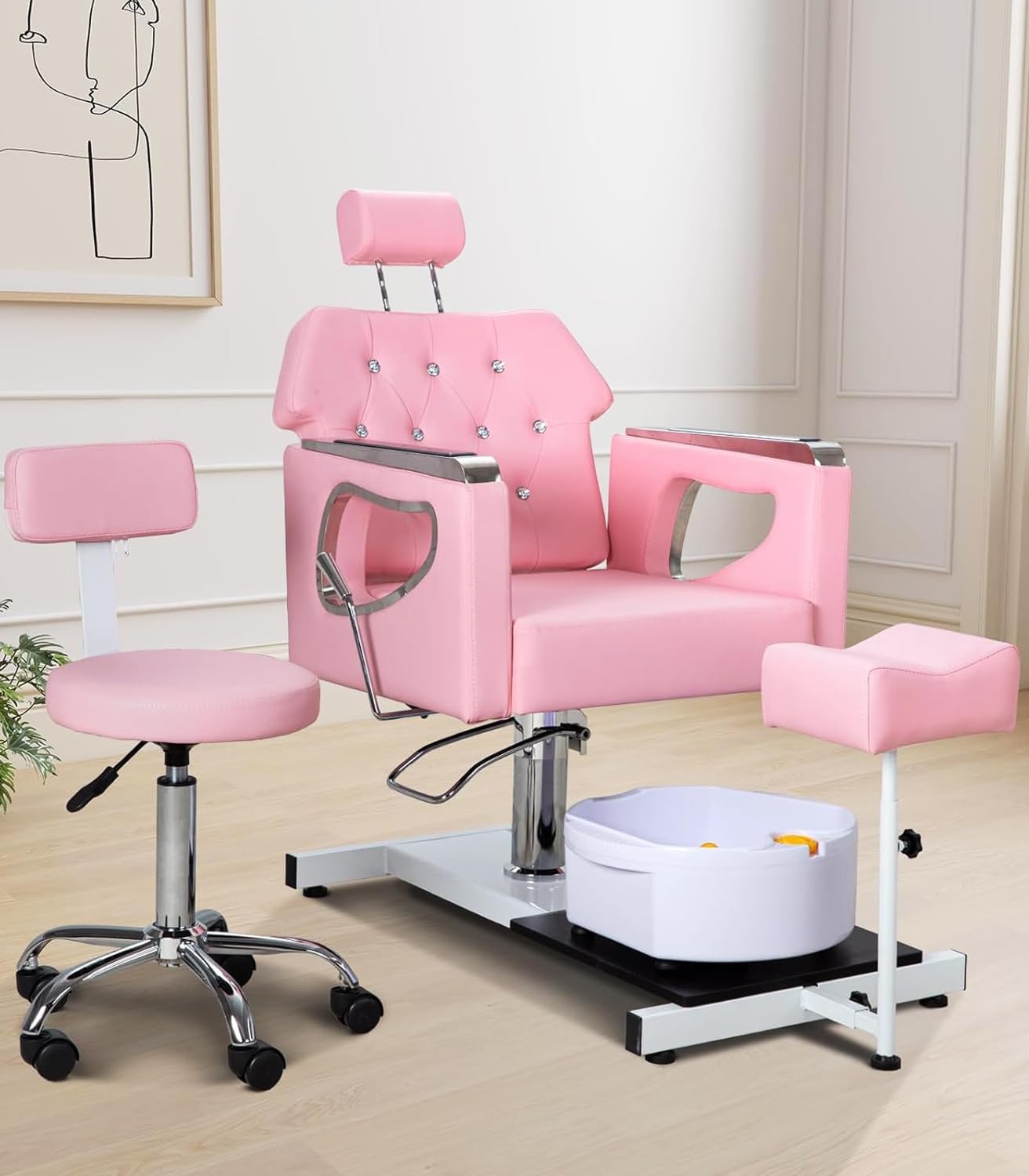 FHFO Pedicure Chair No Plumbing, 360° Swivel Hydraulic Adjustable Reclining Station with Massage Foot Bath & Footrest for Nail Tech, Spa, Salon (Pink)