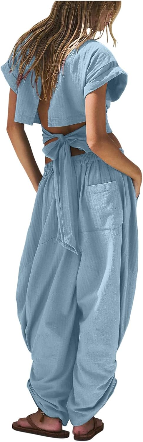 HGps8w Women's Two Piece Outfits Matching Dance Workout Sets Short Sleeve Crop Top with Baggy Harem Pants Athletic Tracksuit