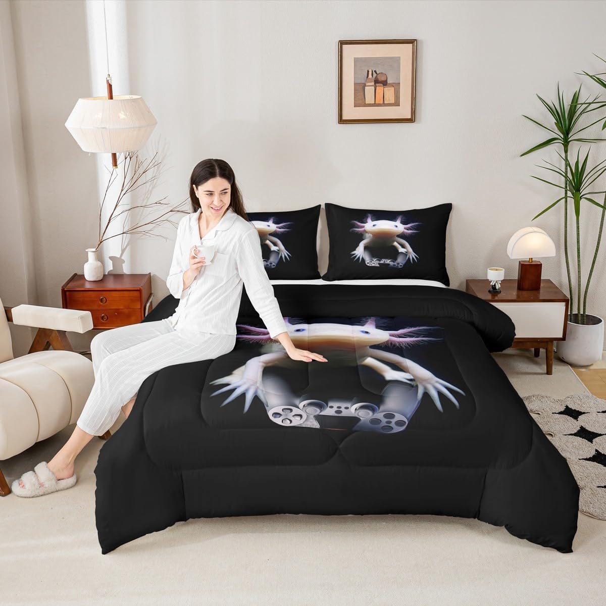 Castle Fairy Axolotl Boys Girls Comforter Set,Mexican Animal Duvet Set for Room Decor,Cute Axolotl Play Gamer Brushed Microfiber Soft Quilt Cover,Full