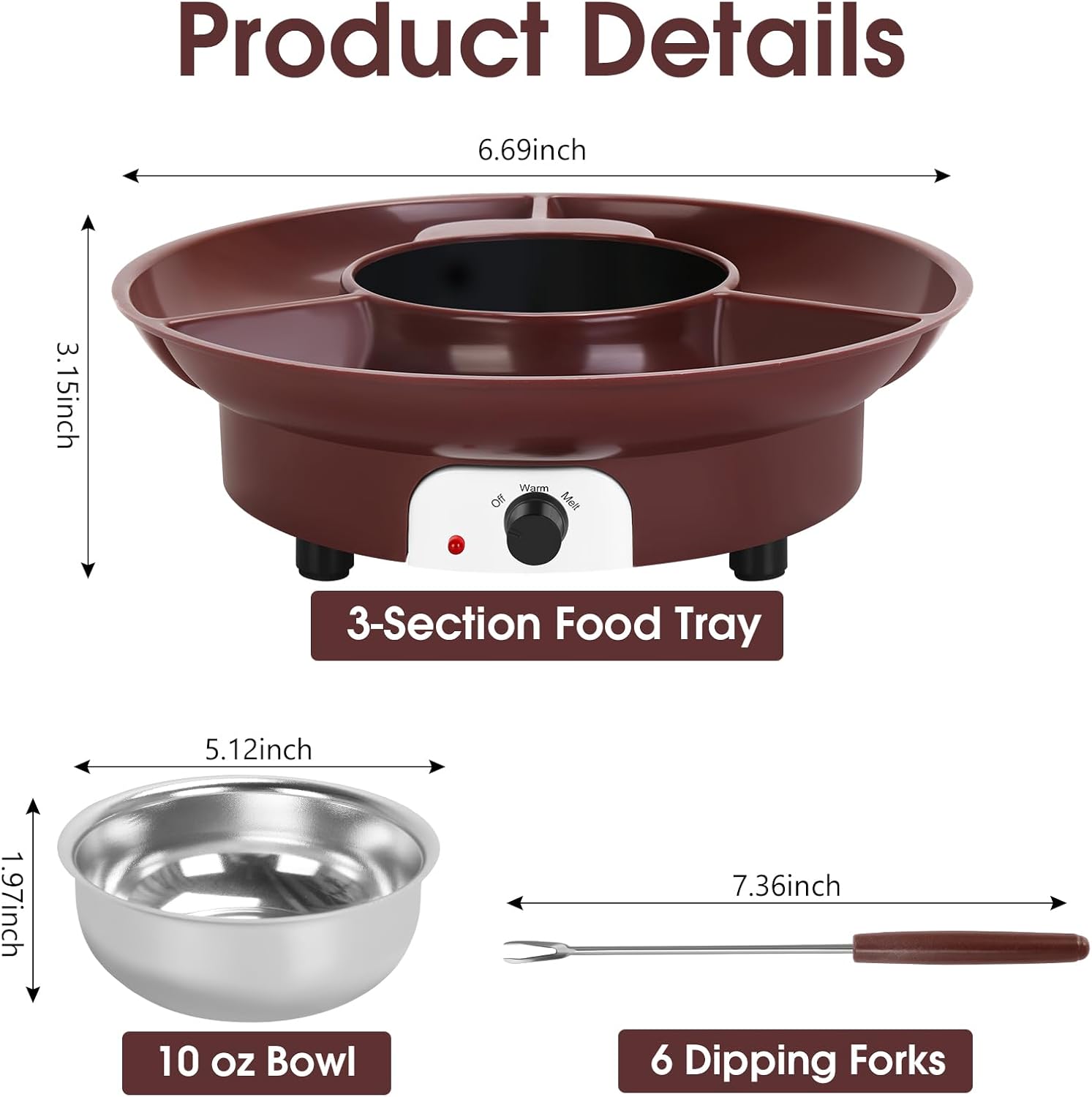 Chocolate Melting Pot Electric Chocolate Fondue Pot Set 3-Section Food Trays with 6pcs Dipping Forks Perfect for Cheese Dessert Housewarming Christmas Party Gifts (Brown)