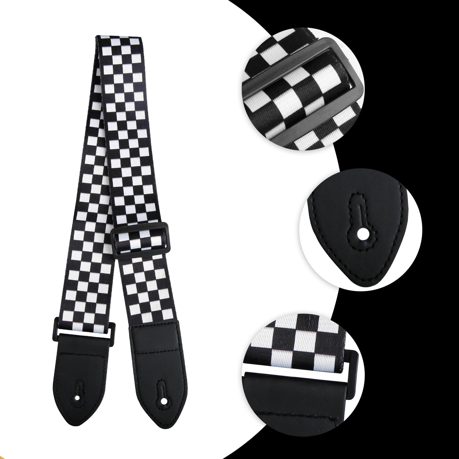 Rumyve Checkerboard Guitar Strap, Nylon, Personalised, Adjustable, Black and White, 3 cm x 5 cm x 1 cm - Image 3