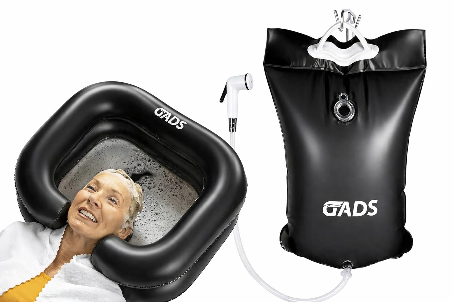Aufblasbares Haarwaschbecken mit 9L Tragbarer Haarwasch- & Campingdusche – Komplettes Haarwasch-Set für Bettlägerige, Senioren, Pflege, Dreadlocks, Zuhause, Reisen & Camping – Schwarz