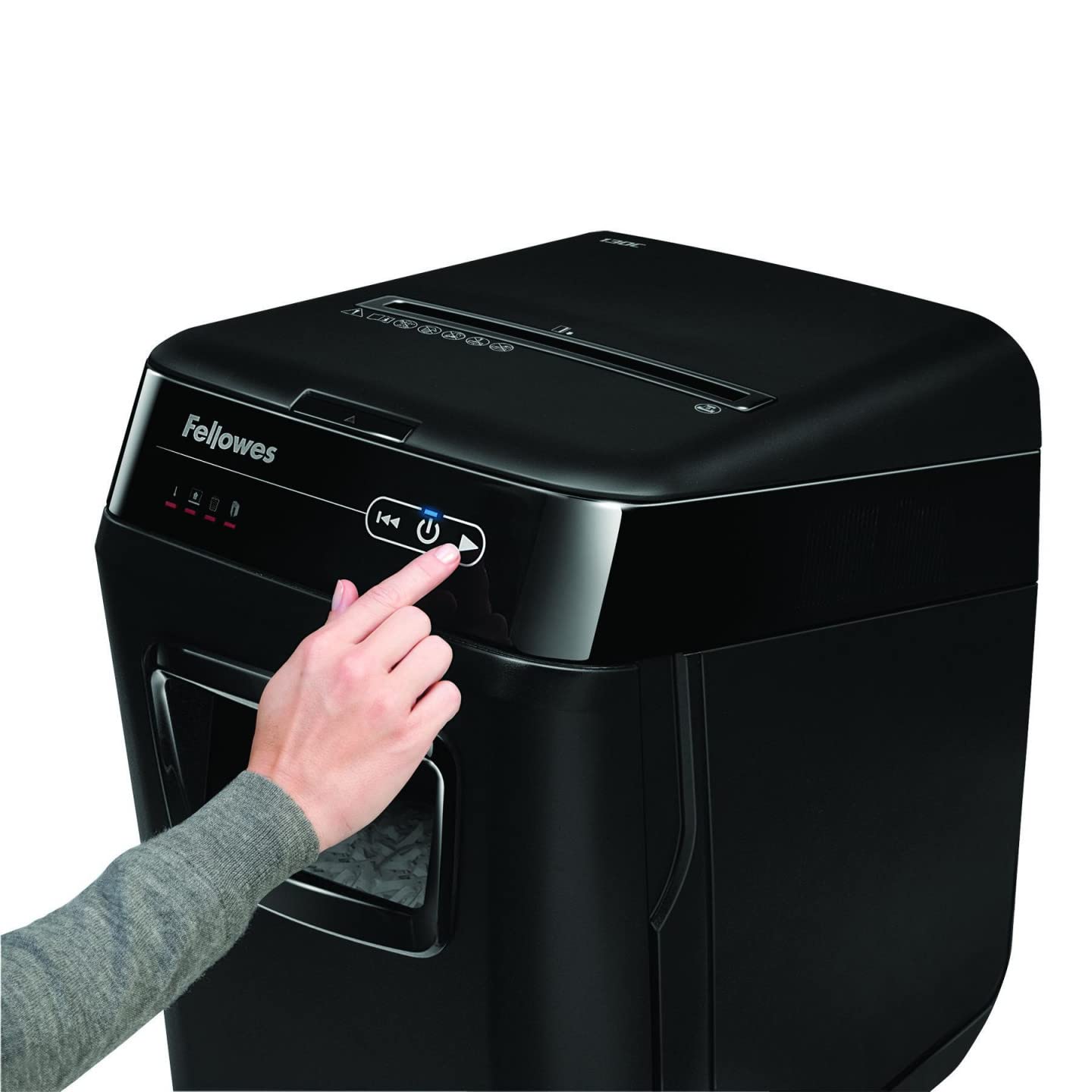 Fellowes Destructeur de Documents Automatique AutoMax 150C, Coupe Croisée, Sécurité DIN P-4, 150 Feuilles, Corbeille 32L, Professionnel, Auto Reverse, Silencieux, Mise en Veille Automatique, 4680101