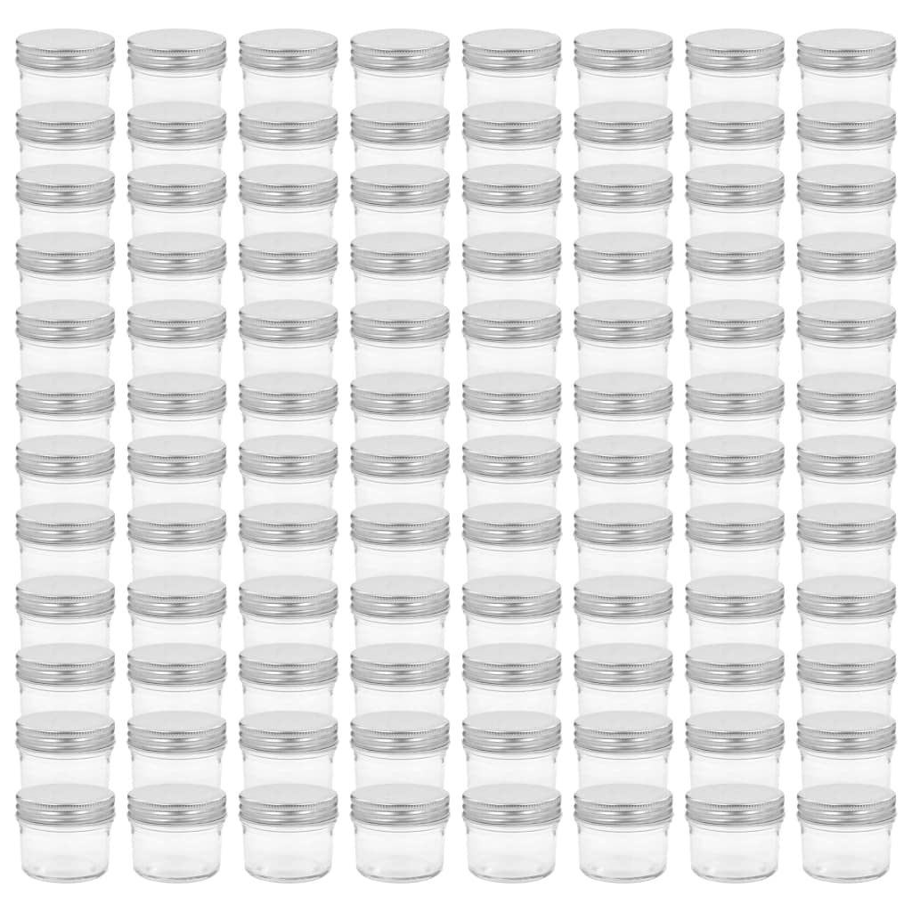 Juego de 96 tarros de cristal de 110 ml con tapa de rosca plateada, pequeños tarros de almacenamiento para mermelada, chutney, especias y delicatessen, tarros vacíos para llenar