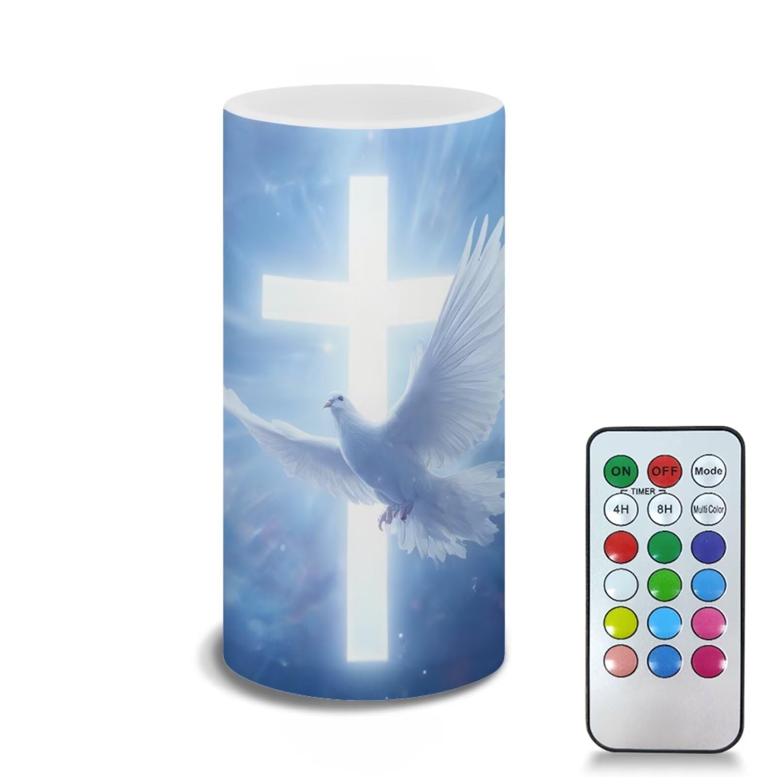 Poceacles Easter Decorations LED Flameless Candles Battery Operated Candles with Remote Control Timer Flickering Wick Pillar Tealight for Holiday Party Decor, Blue Cross Dove of Peace