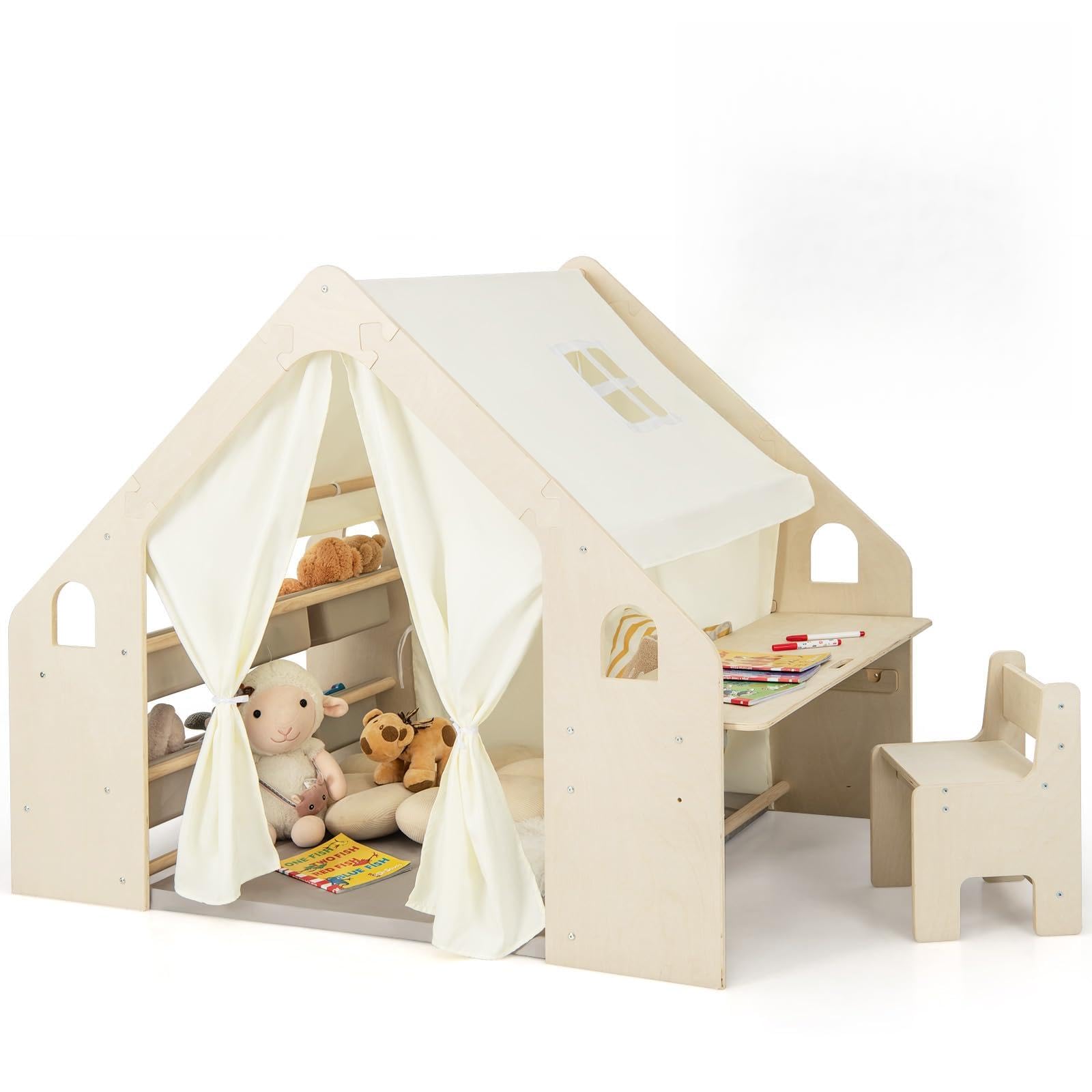 GOPLUS Tienda de Campaña de Madera para Niños de 2-6 Años, Tienda de Juego 6 en 1 con Mesa y Silla Infantil de Altura Ajustable con Pizarra, Colchón de Espuma, 6 Cajas para Juguetes, Carga Máx 60kg