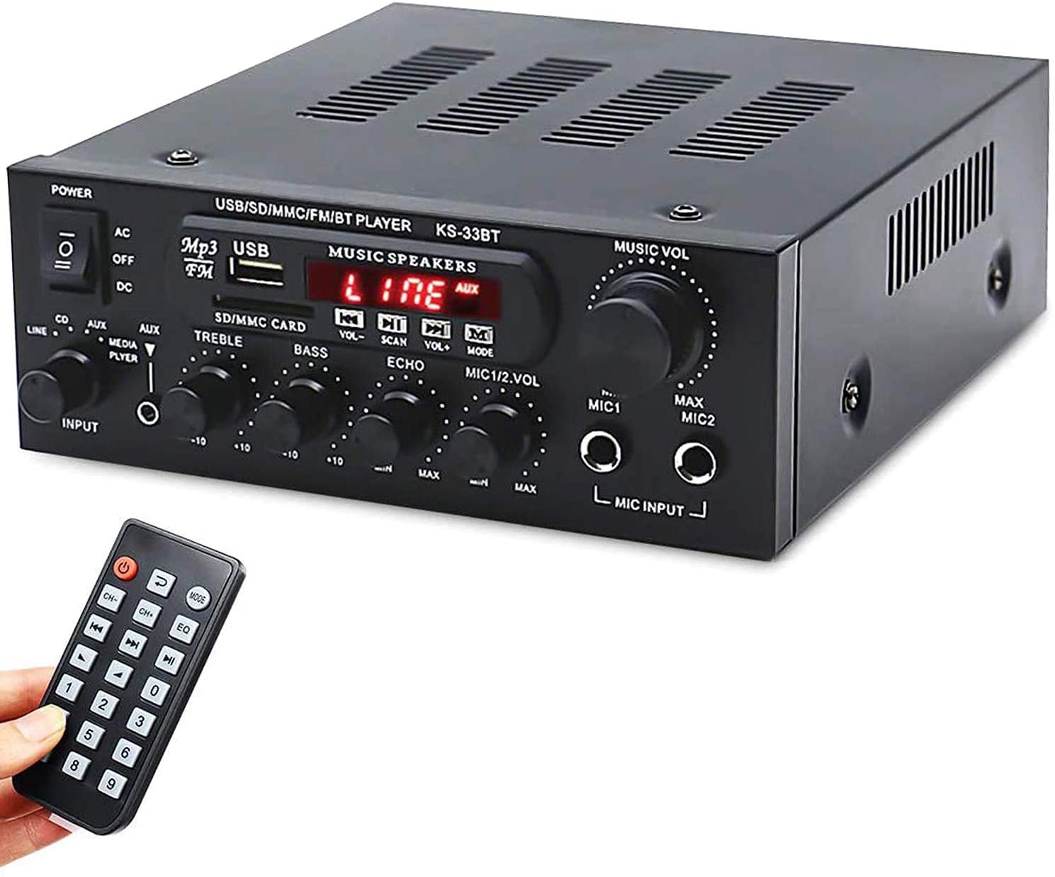 Facmogu 33BT Bluetooth Power Amplifier with its remote control