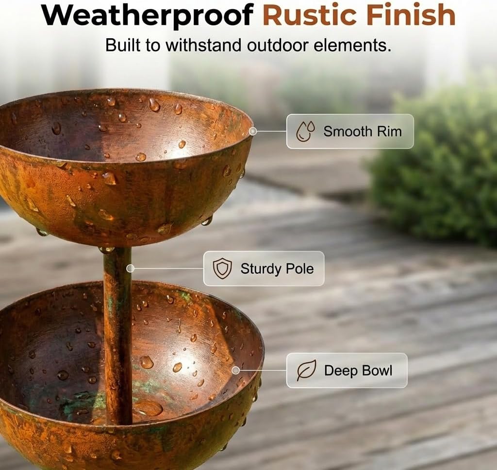Rain Catcher - Plant Support Metal Garden Ornament, 2026 New Rain Catcher Garden Stake with 3-Tiered Water Bowls, Bird Bath & Butterfly Feeder, Outdoor Yard Art Decor (3)