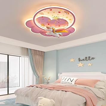 Pink ceiling lamp with remote control modern dimmable LED children's room ceiling Light creative cloud unicorn decoration ceiling lighting suitable for kitchen bedroom girl room lamp(Unicorn)