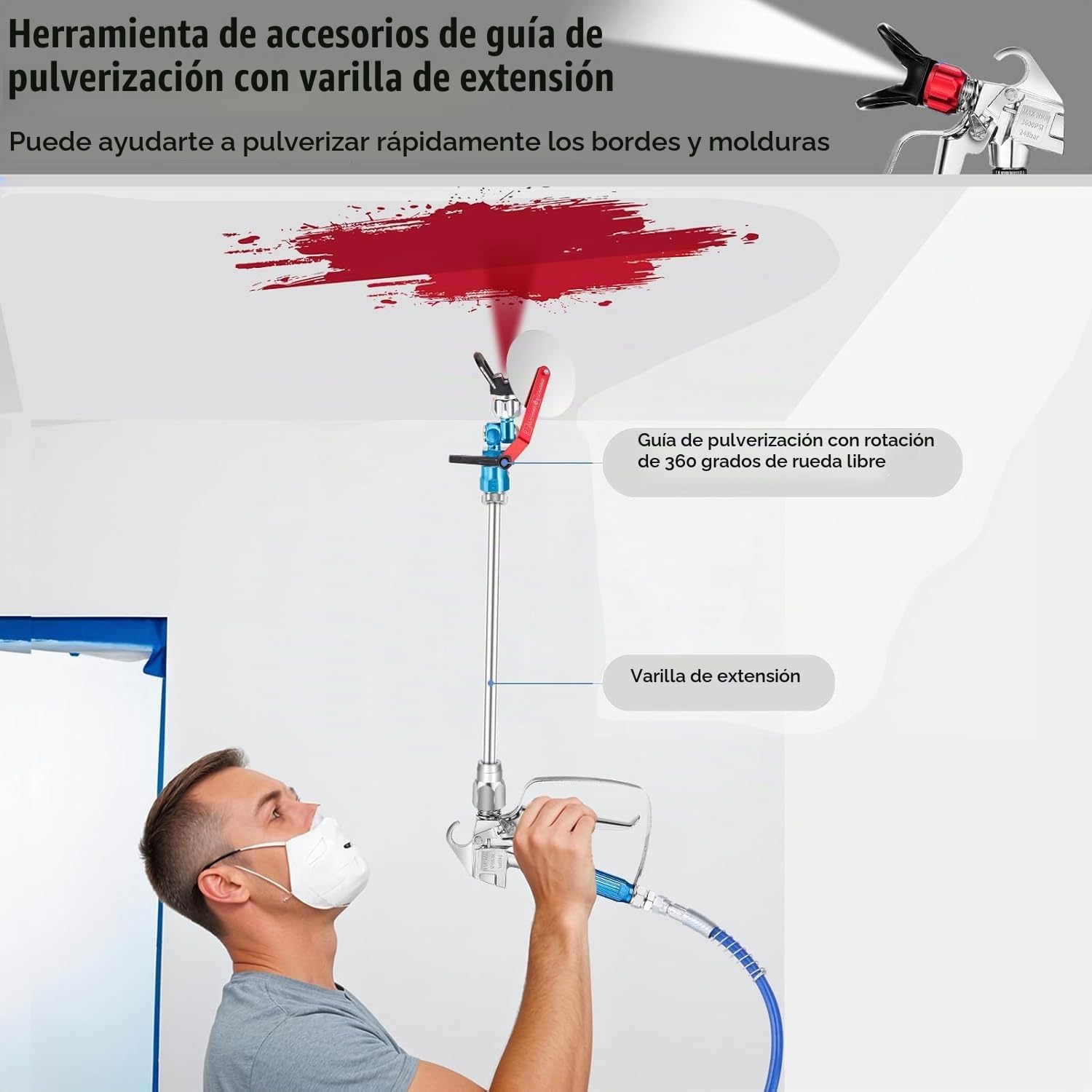 22 Piezas Kit de Pistola Pintura, 3600PSI Pistola Airless con Manguera de 15m & 6 Boquilla & 4 Varilla de Extensión & 6 Filtros & Herramienta guía & Protector de Boquilla
