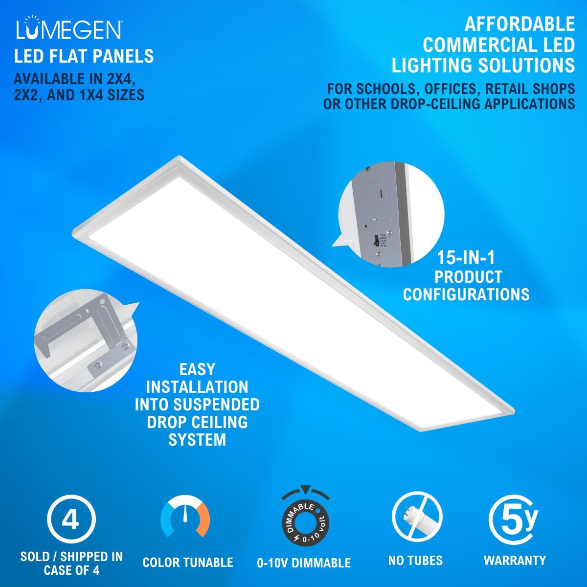 LumeGen 1x4 LED Flat Panel Light - Case of 4, Adjustable Wattage