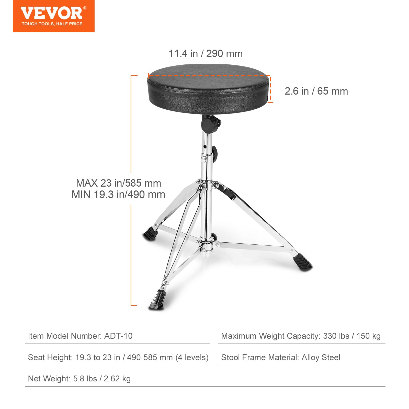 VEVOR Sgabello per Batteria, Sgabello Regolabile Sedile Imbottito Piedini Antiscivolo Bacchette 5A, Sedia per Batteria Girevole a 360° Batteristi in Altezza 490-585 mm Portata Massima Peso 150 kg