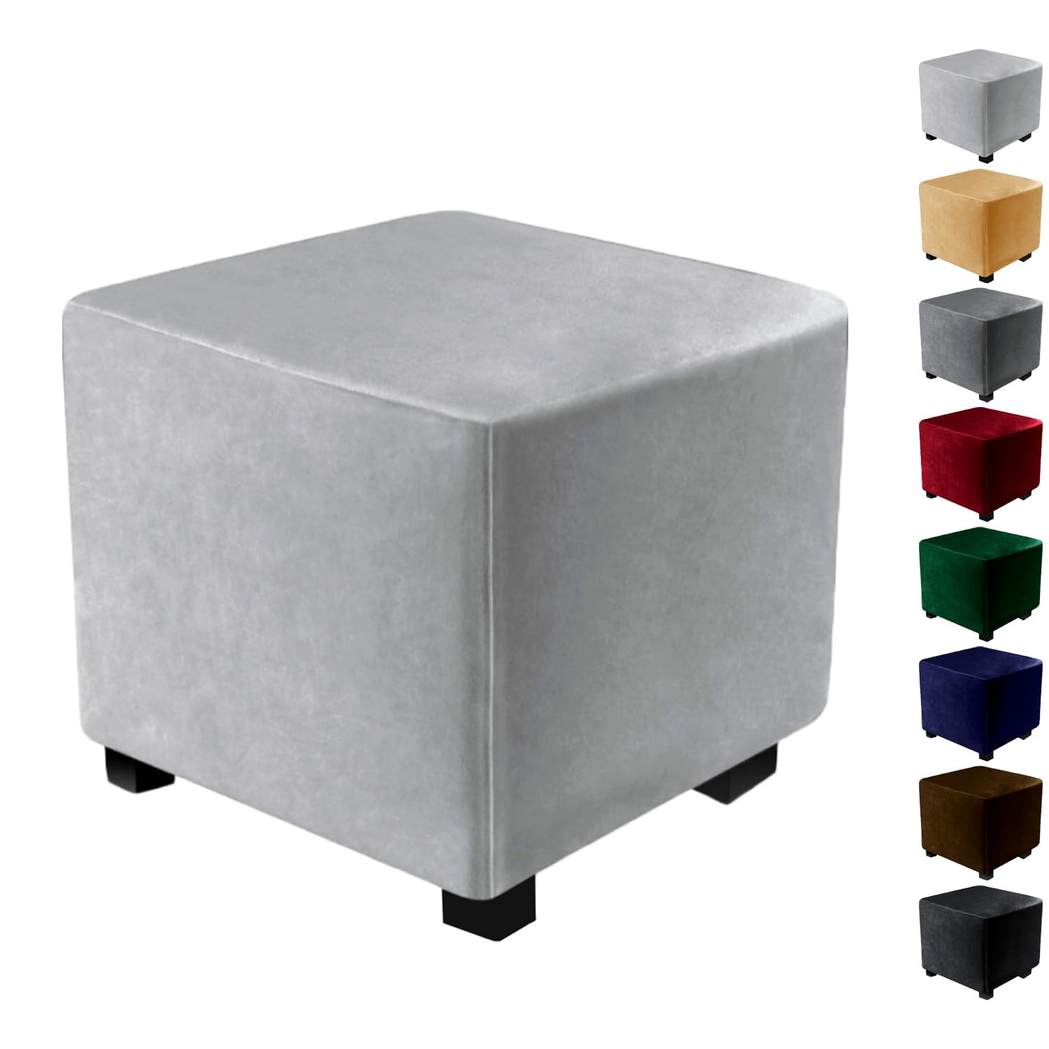 KCCRHIN Velvet Ottoman Covers Slipcovers Square 17X17/30X30/40X40 Inch Extra Large Stretch Storage Stool Ottoman Cover Footrest Foot Stool Cover Solid Color Furniture Protector,Light Gray,S