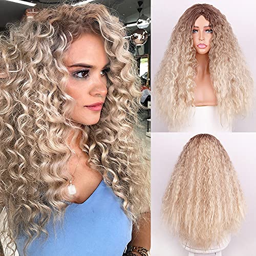 Perruque afro bouclée synthétique blonde 66 cm cheveux longs pour femme