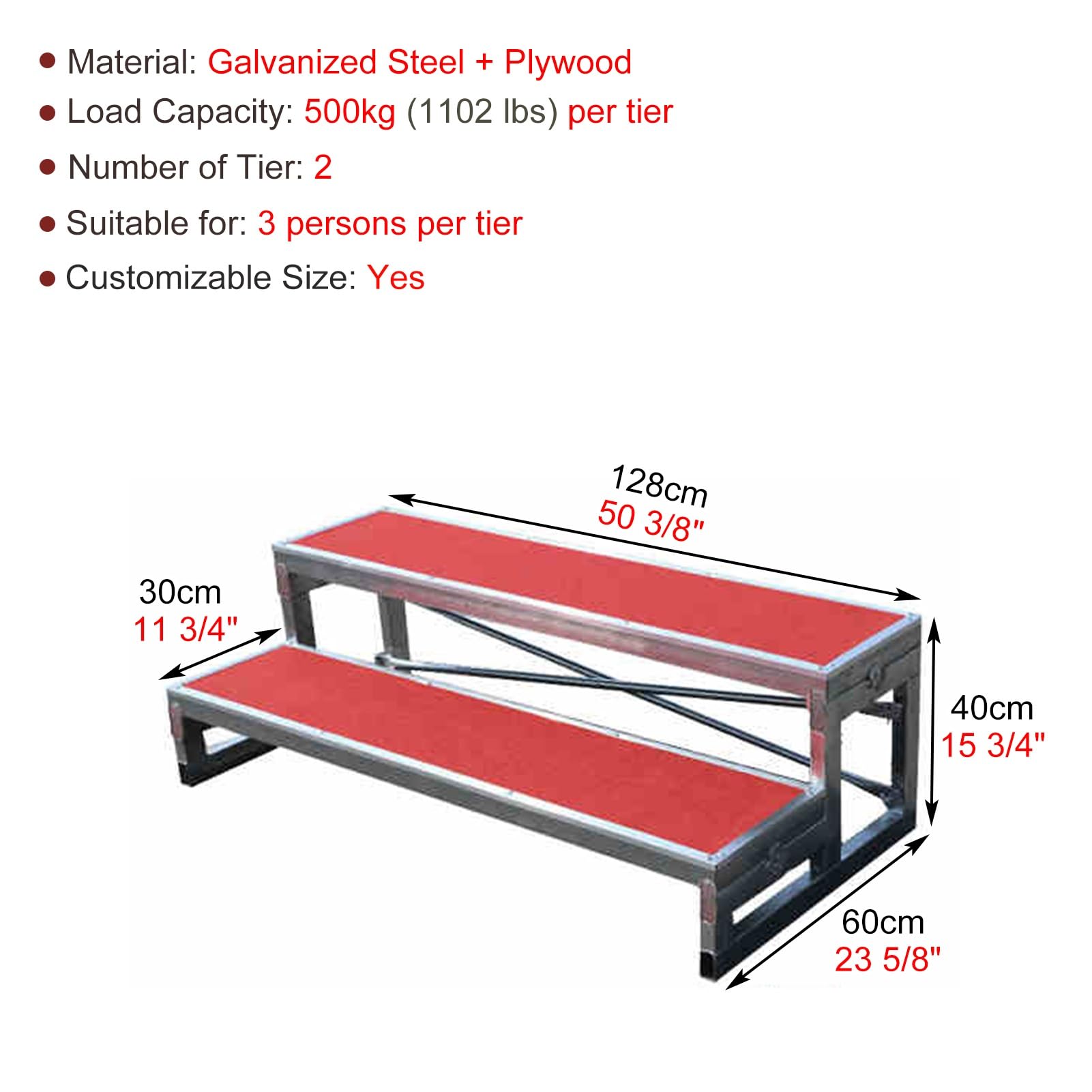 Plataforma escénica, tarima Coral con Alfombra roja, Atril de Coro de 3 Niveles, Patas de Acero galvanizado, Plataforma para Cantar en aulas e Iglesias, 50,4" de Largo, Rendimiento Duradero