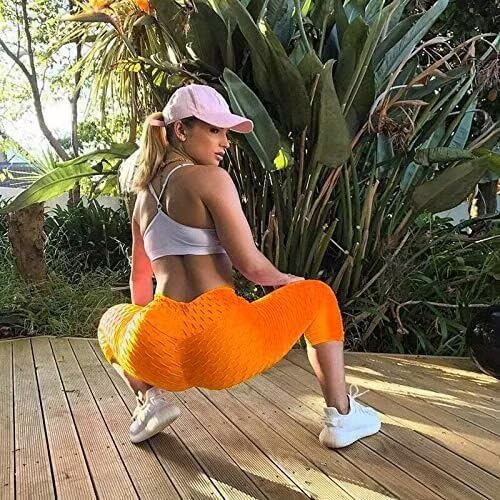 Msicyness Trending Leggings Women's High Waist Yoga Pants Ruched Butt Lift Leggings Textured Scrunch Booty Tights,Orange,L - Image 3