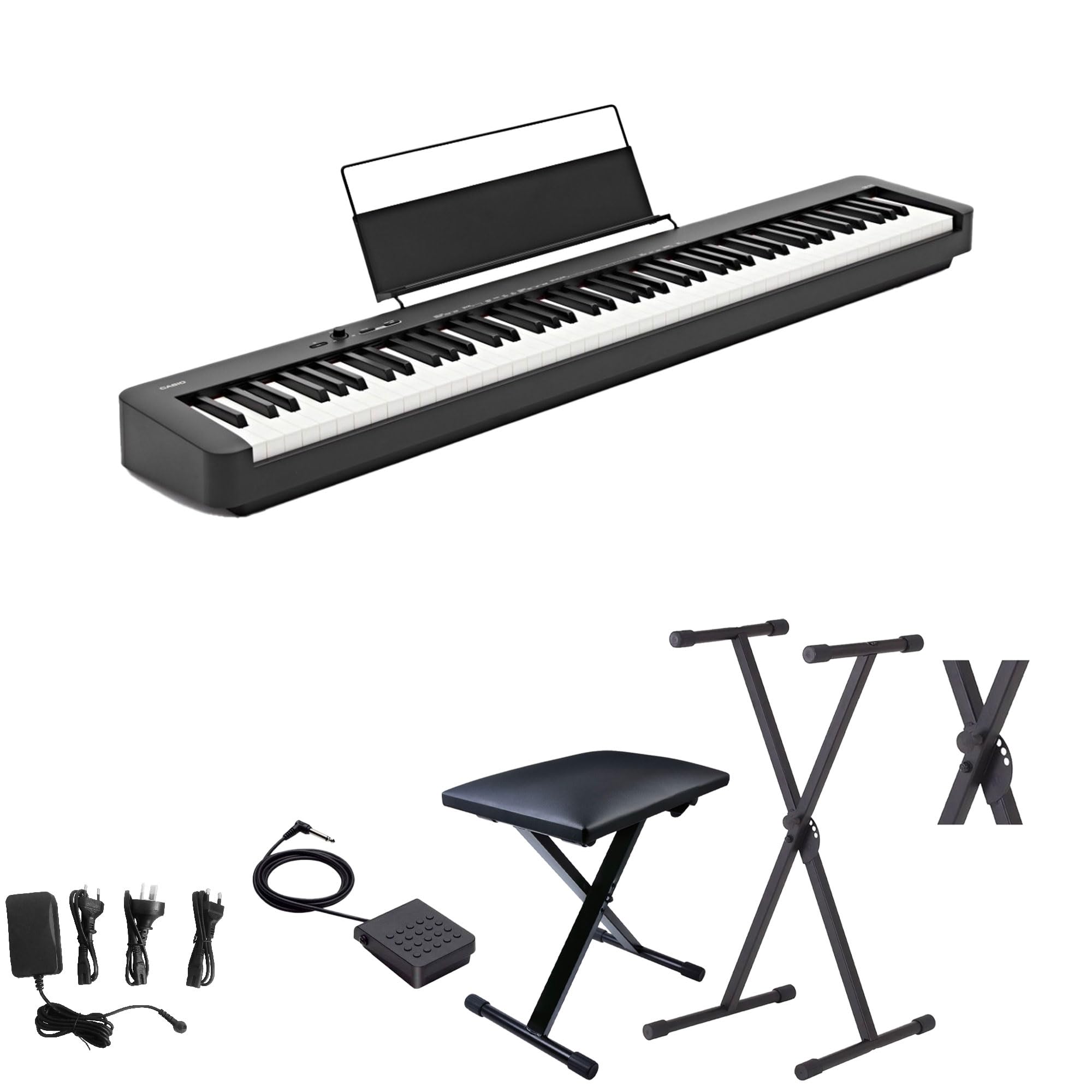 Set Scolastico per Casio CDP-S110 Nero Piano Digitale 88 Tasti Pesati - Completo di Stand a X, Panchetta Regolabile, Alimentatore e Pedale