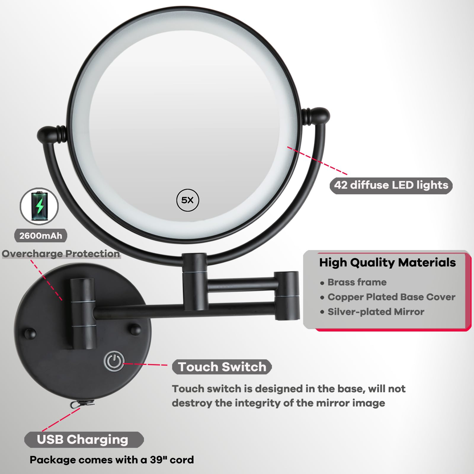 Espejo Maquillaje con Luz Pared, 1X / 5X Doble Cara Espejo Baño,Material de Latón,Espejo Aumento con Luz,Control por Interruptor Táctil,Brillo Ajustable,360 Giratorio Espejo para Baño,Hotel