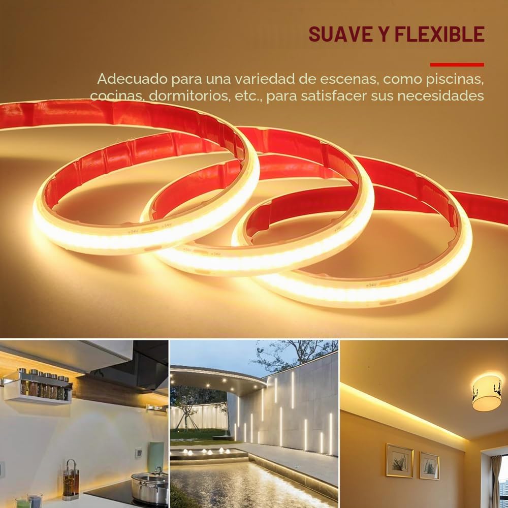 KISUFU Tira LED COB 24V 320 LEDs/M DC Tira de luces LED Ip68 impermeable Superbrillante luces de cinta LED con Fuente de alimentación para Interior y exterior Decoración del Hogar