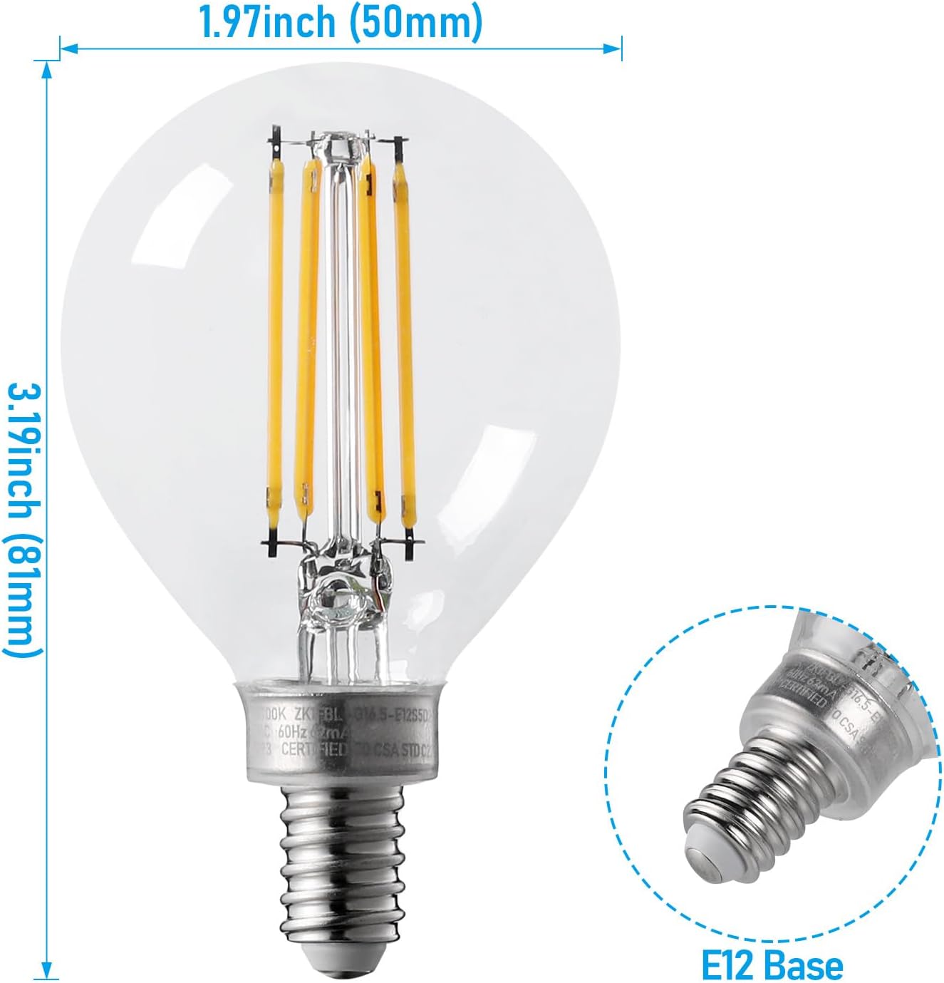 TORCHSTAR Dimmable G16.5 LED Light Bulbs, Round Vanity Light Bulb for Bathroom, LED Edison Bulb, 5.5W(60W Eqv.), ETL Listed, 500lm, E12 Base, Clear Glass, 2700K Soft White, Pack of 6