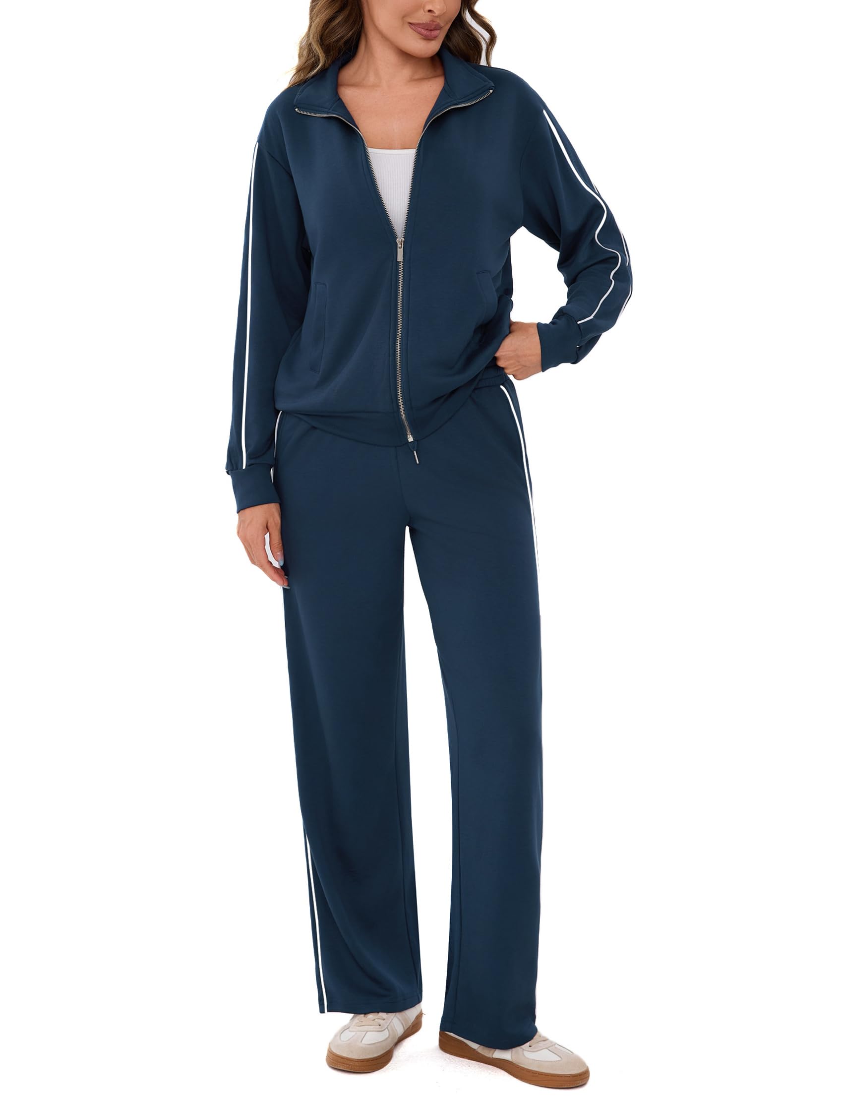 Terecey Survêtement Femme Bicolore Veste Zippée Pantalon Droit à Cordon | Toucher Doux et Extensible, Ceinture Réglable, Liberté de Mouvement, Fitness, Promenades, Sorties et Détente à la Maison