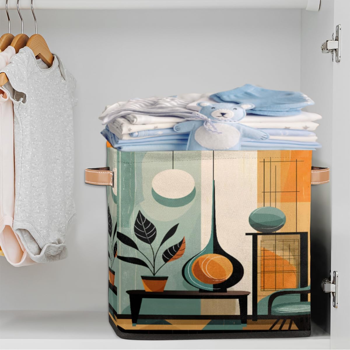 cfpolar Mid Century Modern Art Foldable Storage Bin 13x13x13 In, Collapsible Fabric Storage Basket, Cube Storage Toy Organizer Bins with Dual Handles for Home Office Nursery Closet Cabinet