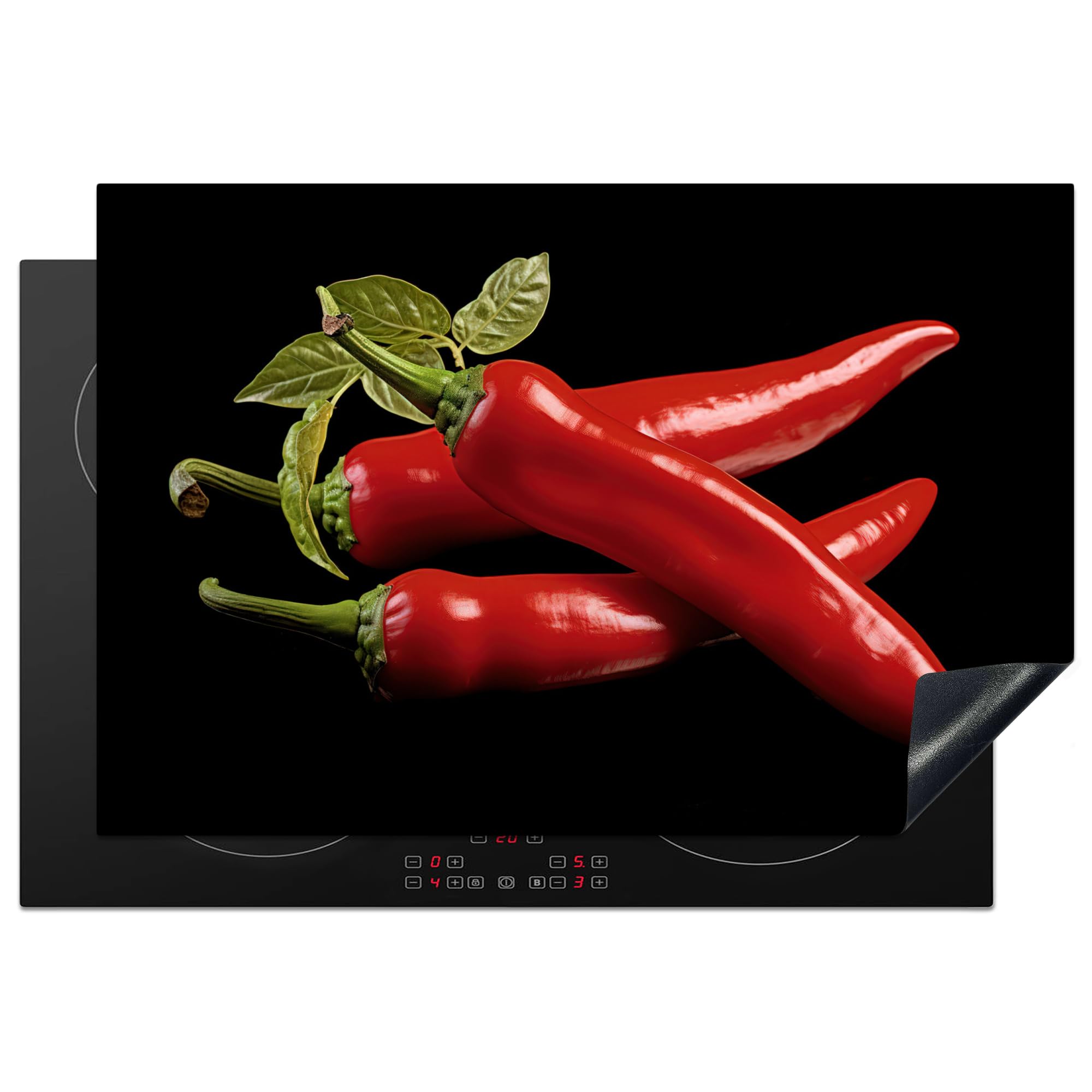 KitchenYeah© Induction Hob Protector Mat 20.3"x29.9" / 76x51.5 cm Cooker Top Protectors Cover Ceramic Covers Electric Hobs Vinyl Red Pepper - Red - Herbs - Spices - Black — image 1