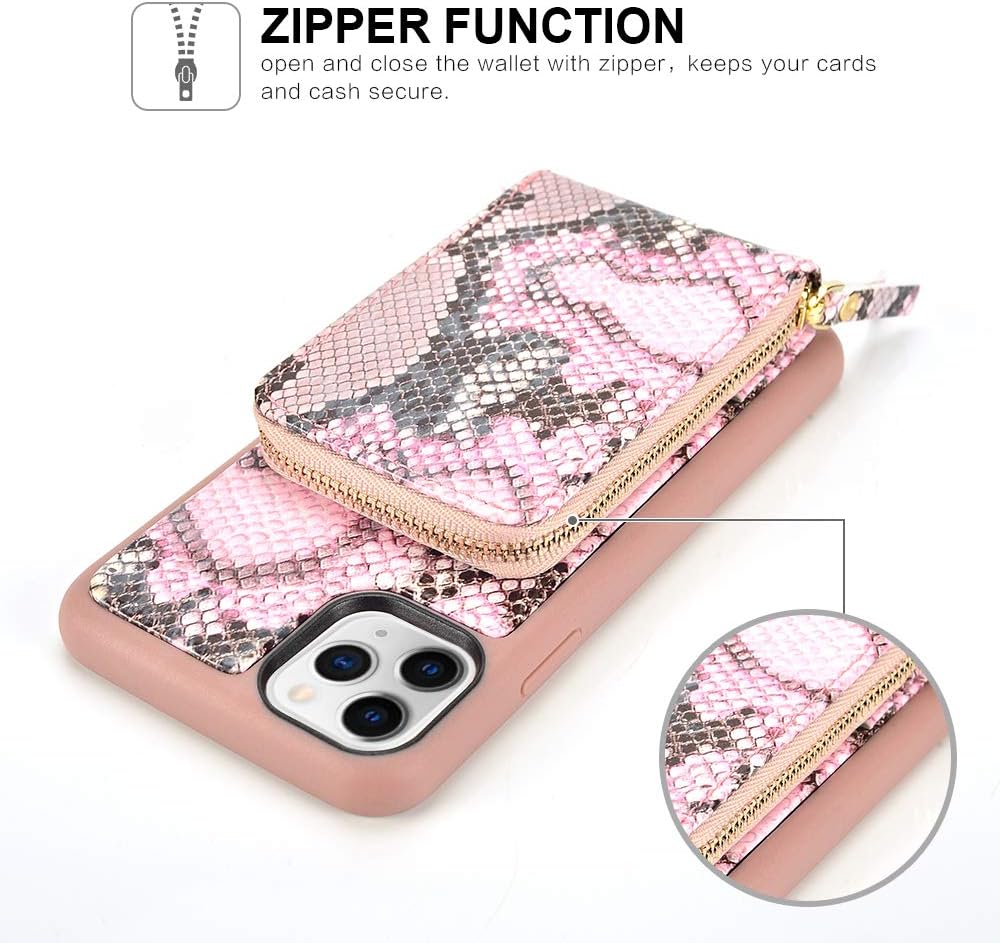 JLFCH iPhone 11 Pro Wallet Case, iPhone 11 Pro Crossbody Case with Zipper Credit Card Slot Holder Wrist Strap Lanyard Protective Cover Women Girl Purse for iPhone 11 Pro 5.8 inch - Snake Grain Pink