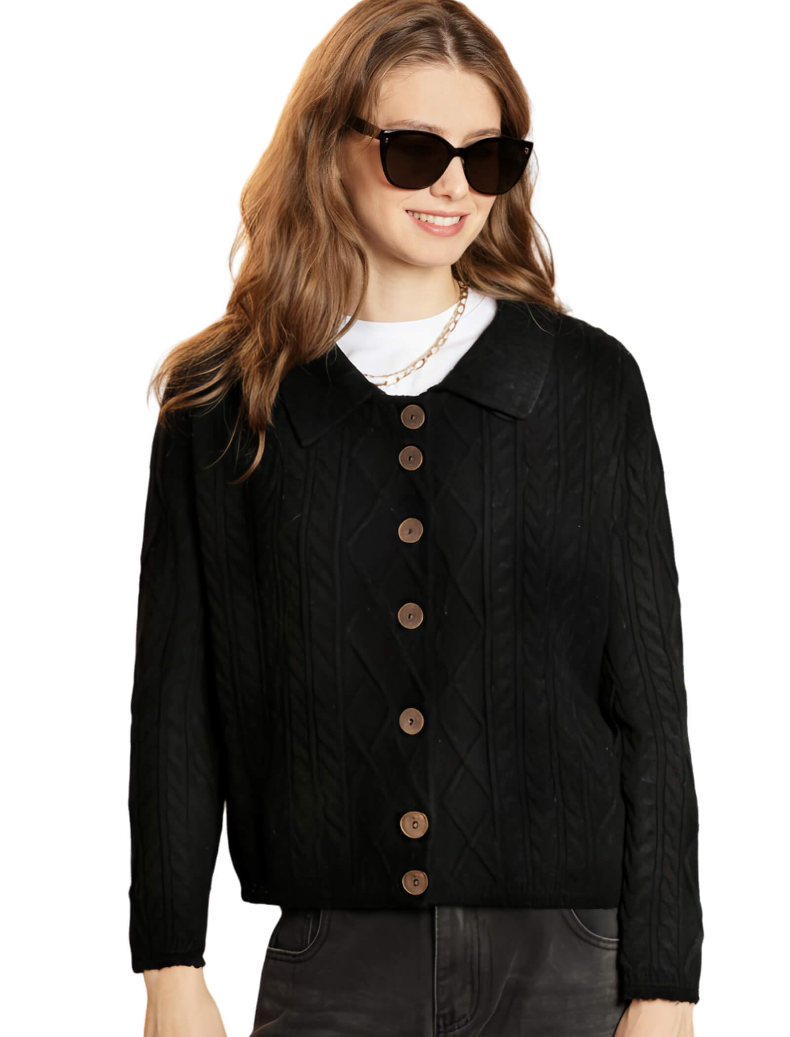 COLD POSH 100 Merino Wool Cardigan Sweater for Women Cable Knit Buttom Down Knitwear Outwear Tops
