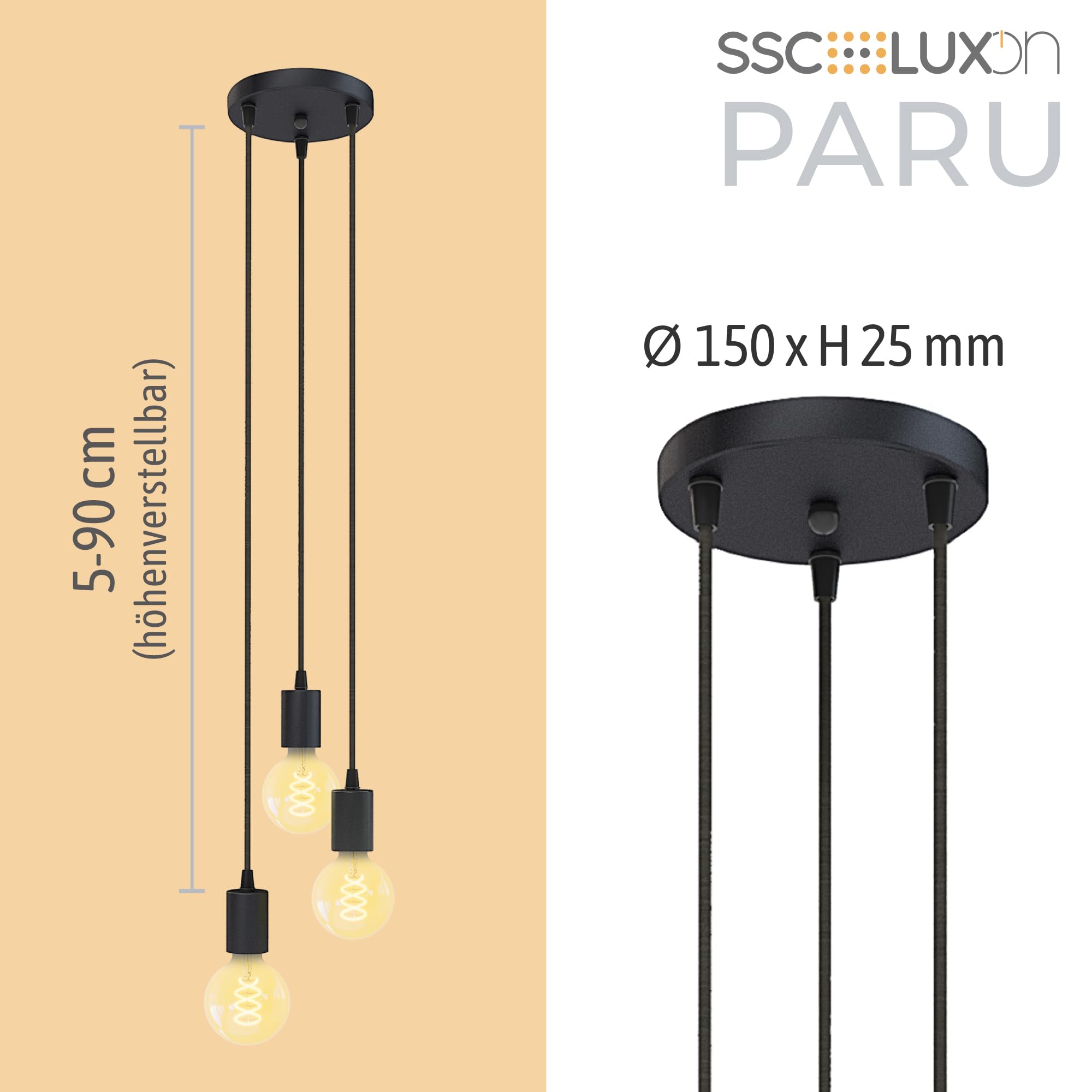 SSC-LUXon PARU Hängeleuchte 3-flammig Retro - Industrial Style Pendellampe mit Textilkabel inkl. Globe E27 Filament LED Leuchtmittel