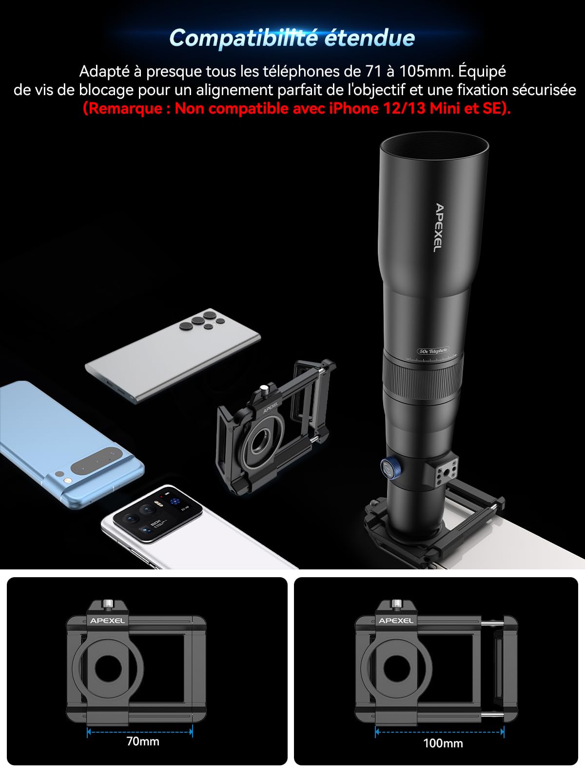 Apexel 50X Super Téléobjectif, Focale de 720mm, Capture Professionnelle et Artistique pour la Faune, Le Sport, Les Concerts