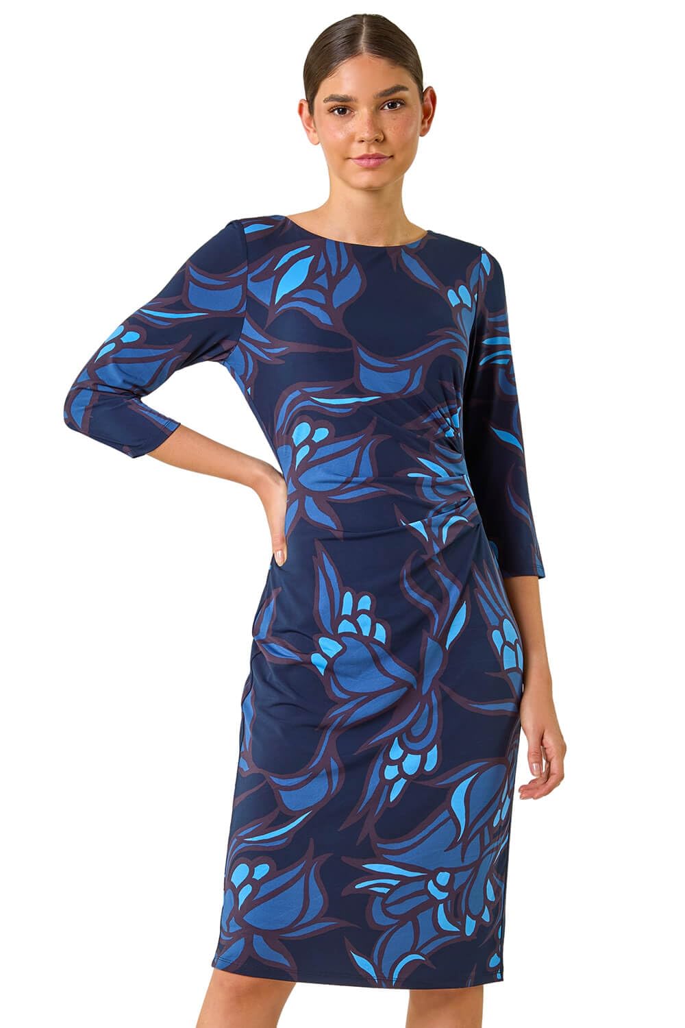Roman Women's Blue Floral Print Ruched Stretch Dress In Size 20