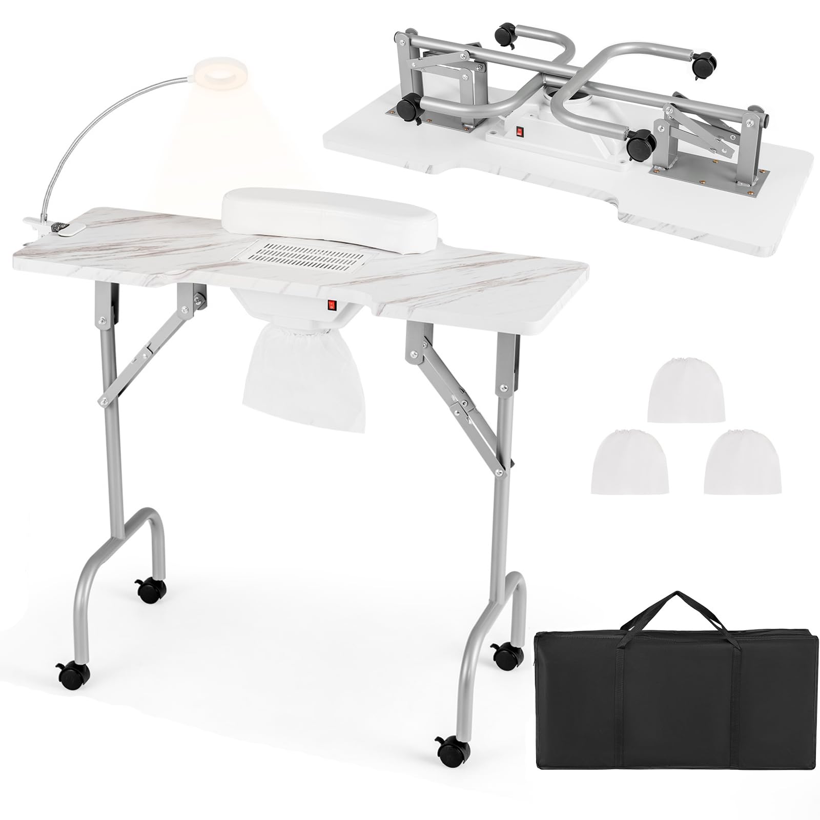 GYMAX Tavolo da Manicure Portatile per Tecnico delle Unghie, Pieghevole con Ventola Raccoglitrice di Polvere, Lampada LED, Cuscino per Polsi, Ruote Bloccabili e Borsa da Trasporto (Bianco)