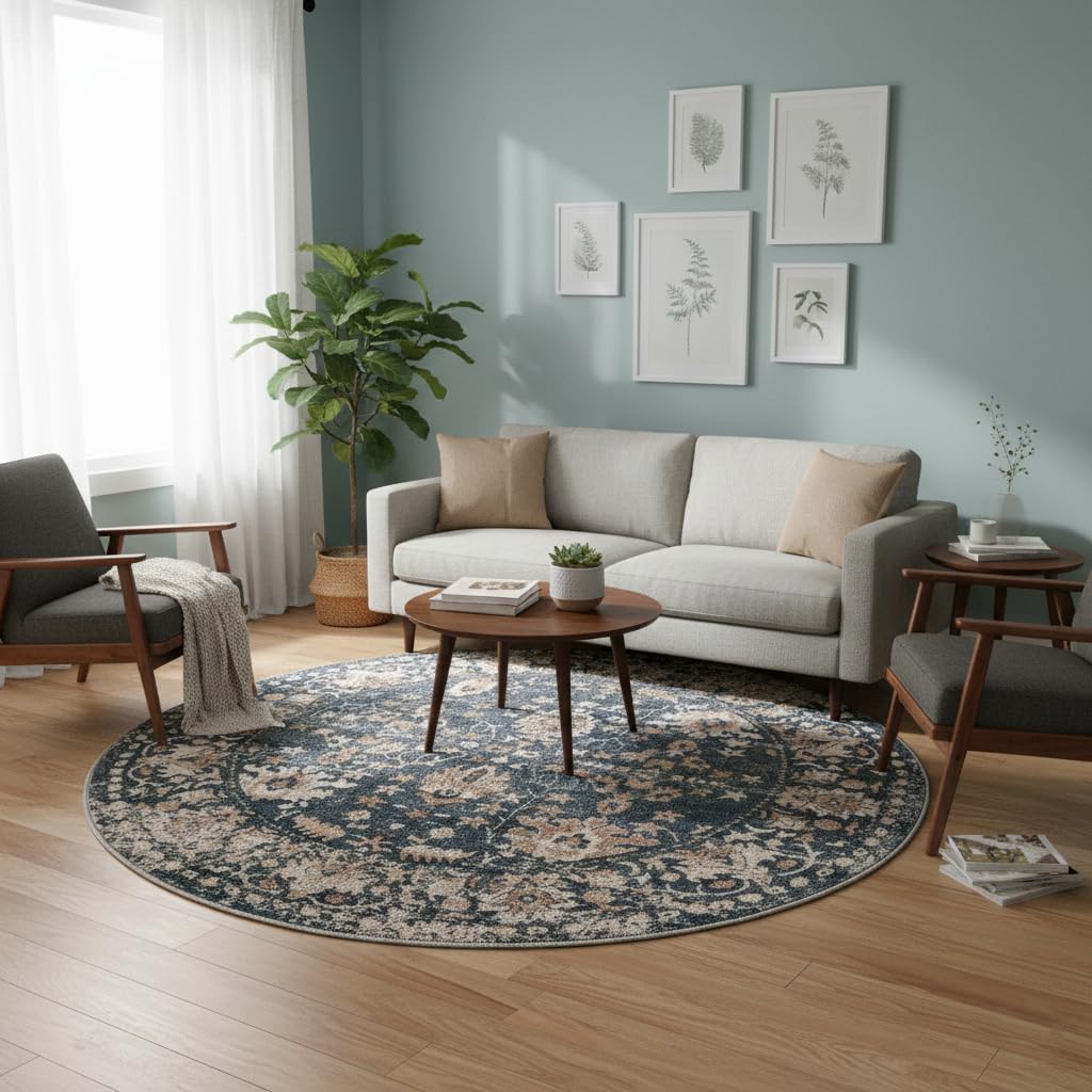 Rugs.com Oregon Collection Rug – 3 Ft Round Blue Low-Pile Rug Perfect for Kitchens, Dining Rooms