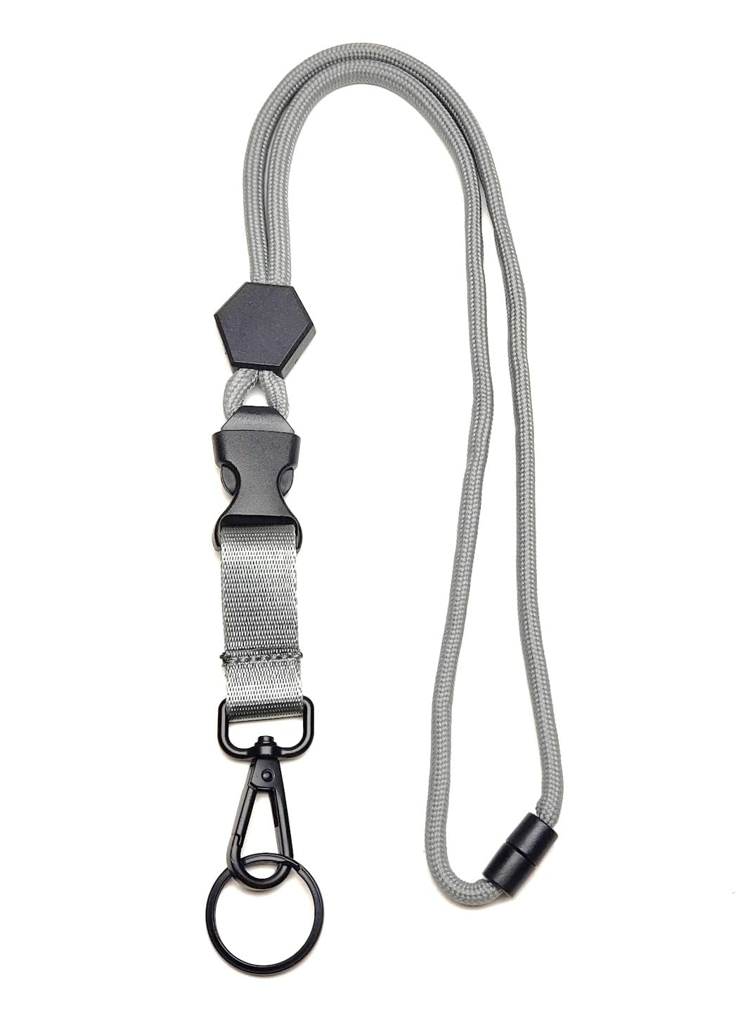 Heavy Duty Thick Rope Cord Lanyard with Metal Hook & Key Ring for ID Badge Keys, Safety Breakaway & Adjustable Length (1-Pack, 07 Grey)